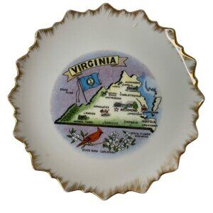 Vintage Virginia Souvenir Plate Gold Trim State Map Scalloped Edges Wall‎ Art